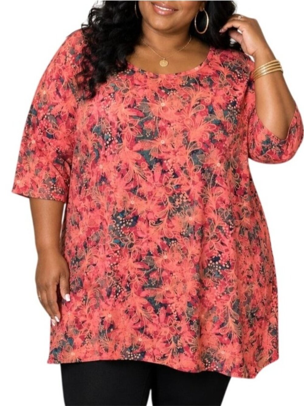 LuLaRoe Size XL Top Simply Comfortable Floral Tunic Red Stretch 3/4 Sleeves